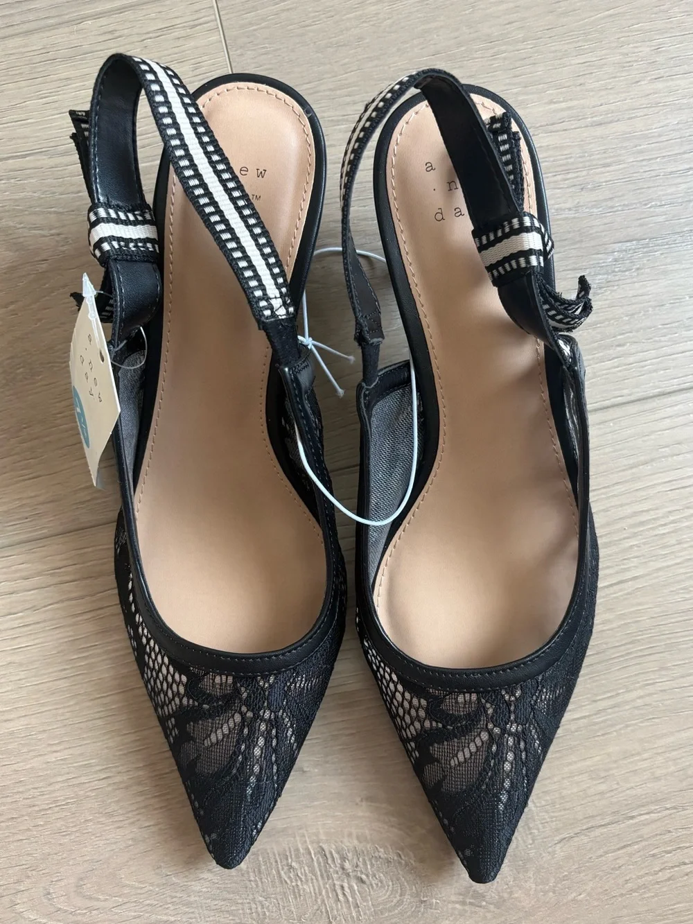 A New Day Black Lace Pointed Slingback Kitten Heels with Striped Ankle Strap